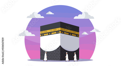 The image shows various artistic illustrations of the Kaaba in Mecca, captured in different visual styles