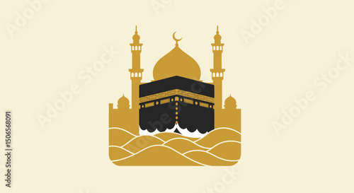 The image shows various artistic illustrations of the Kaaba in Mecca, captured in different visual styles