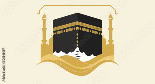 The image shows various artistic illustrations of the Kaaba in Mecca, captured in different visual styles