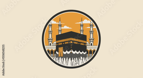 The image shows various artistic illustrations of the Kaaba in Mecca, captured in different visual styles