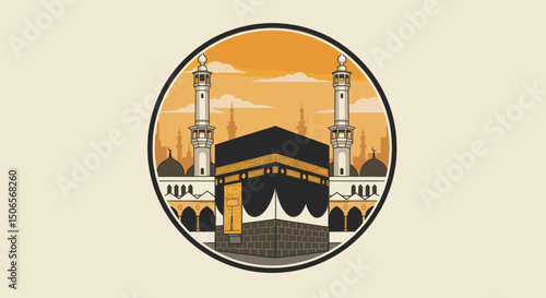The image shows various artistic illustrations of the Kaaba in Mecca, captured in different visual styles