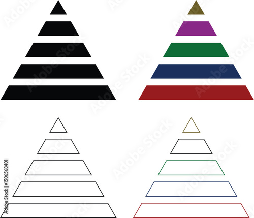 Levels of triangular pyramid icon set. Triangle pyramid chart collection. Maslow layer diagram. Development level infographic. Business graph. Vector illustration isolated on transparent background.