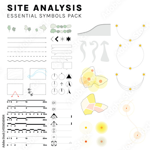 landscape architecture site analysis symbol icon element drawing graphic flat isolated vector. urban design element drawing
