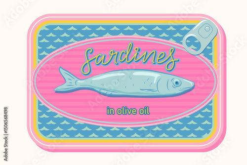 Sardines, seafood packaging. Sardine colorful vector sea illustration. Design for posters, stickers, package, recipe book.
