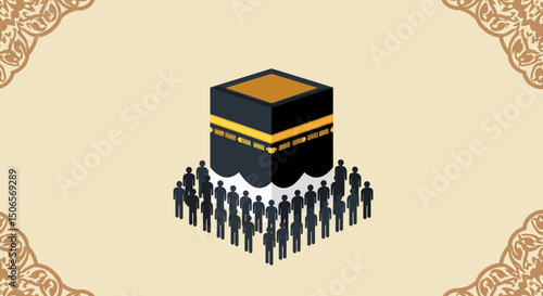 shows various artistic illustrations of the Kaaba in Mecca, captured in different visual styles, ranging from simplified minimalist representations to more detailed and complex renditions, with variat