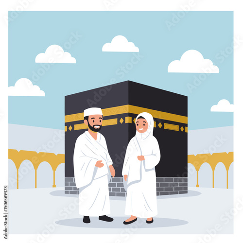  The golden-toned illustration highlights the grandeur of the mosque and the sacredness of the moment, capturing the spiritual essence of the scene with a peaceful, welcoming atmosphere.