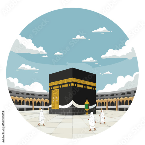  The golden-toned illustration highlights the grandeur of the mosque and the sacredness of the moment, capturing the spiritual essence of the scene with a peaceful, welcoming atmosphere.