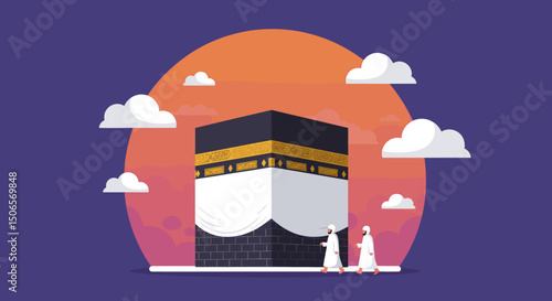  The golden-toned illustration highlights the grandeur of the mosque and the sacredness of the moment, capturing the spiritual essence of the scene with a peaceful, welcoming atmosphere.