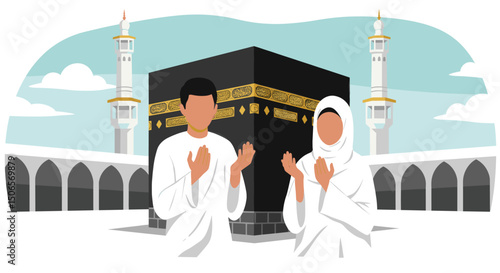  The golden-toned illustration highlights the grandeur of the mosque and the sacredness of the moment, capturing the spiritual essence of the scene with a peaceful, welcoming atmosphere.