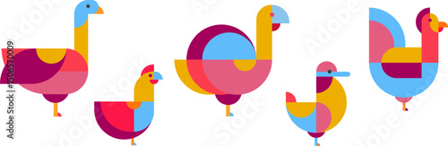 Farm birds chicken, rooster, turkey, goose, duck in abstract art style. Set of modern fashion colorful character design. Creative vivid vector illustration.