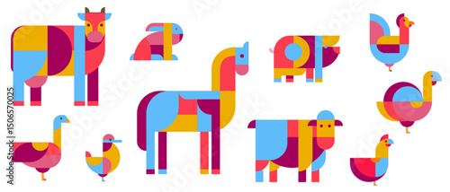Farm birds and animals cow, horse, pig, rabbit, lamb, chicken, rooster, turkey, goose, duck in abstract art style. Set of modern fashion flat character design. Creative vector illustration.
