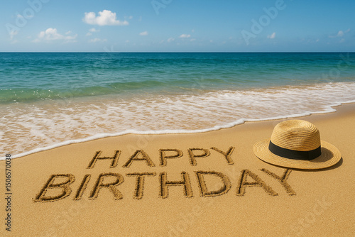 浜辺に描かれた「HAPPY BIRTHDAY」
