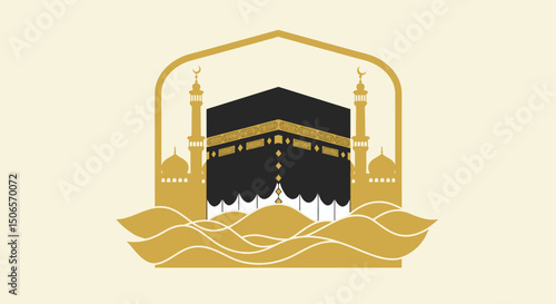 shows various artistic illustrations of the Kaaba in Mecca, captured in different visual styles, ranging from simplified minimalist representations to more detailed and complex renditions, with variat