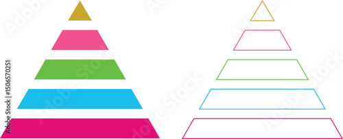 Levels of triangular pyramid icon set. Triangle pyramid chart collection. Maslow layer diagram. Development level infographic. Business graph. Vector illustration isolated on transparent background.