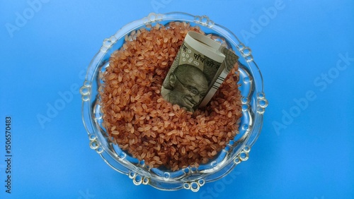 Raw brown rice on glass bowl with five hundred rupee indian currency note isolated on blue table background. Closeup top view. Inflation and high food price crisis in india concept.