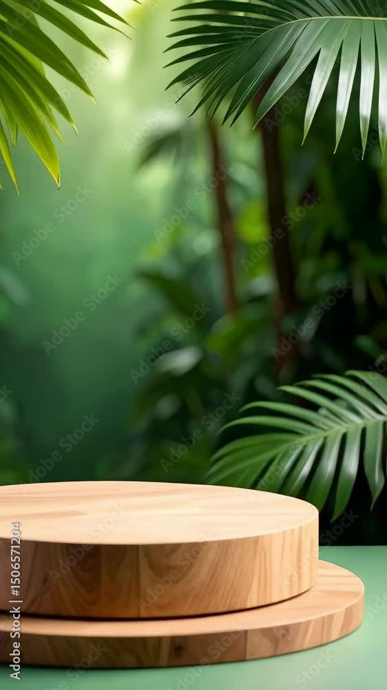 Wooden display platform showcases tropical foliage backdrop for product presentation. Green leaves, trees, lush vegetation create calming nature scene. Wooden display platform showcases tropical foliage backdrop for product presentation. Green leaves, trees, lush vegetation create calming nature scene.