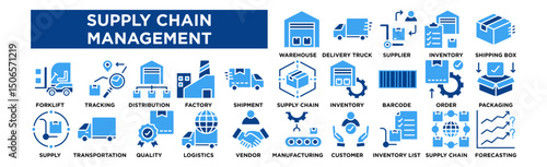Supply Chain Management icon collection set. Warehouse, Delivery Truck, Supplier, Inventory, Shipping Box 