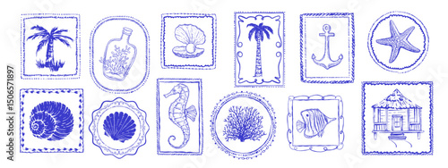 Set of sea, summer style postage stamps. Underwater creatures, starfish, sea  horse, coral, fish. Palm trees. Hand drawn style.