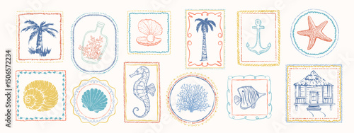 Set of sea, summer style postage stamps. Underwater creatures, starfish, sea  horse, coral, fish. Palm trees. Hand drawn style.