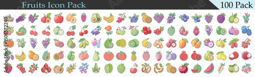 Colorful 100 Pack Fruit Icon Set Featuring Various Delicious Fruits