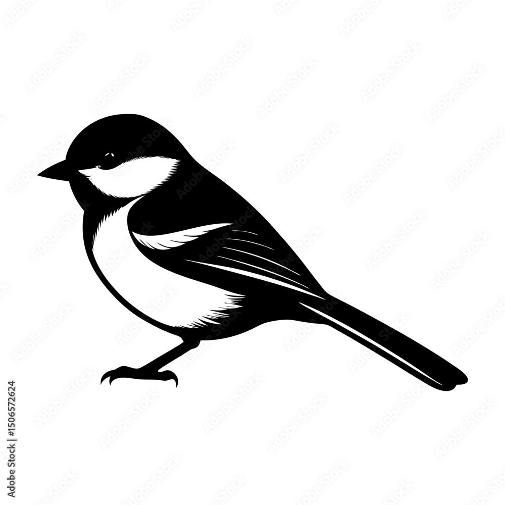 Obraz premium Illustration of a black and white chickadee bird facing left side