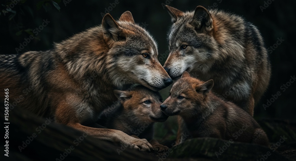 Fototapeta premium Wolf Family Together Parent Wolves with Their Cubs