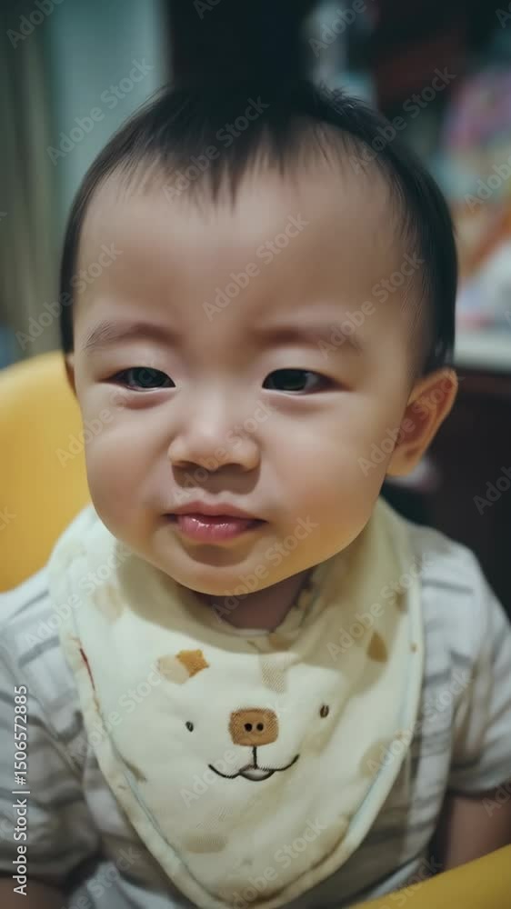 Close-up portrait of a cute Asian baby wearing bib with cartoon bear face looking forward with slightly furrowed brow indoors. Close-up portrait of a cute Asian baby wearing bib with cartoon bear face looking forward with slightly furrowed brow indoors.