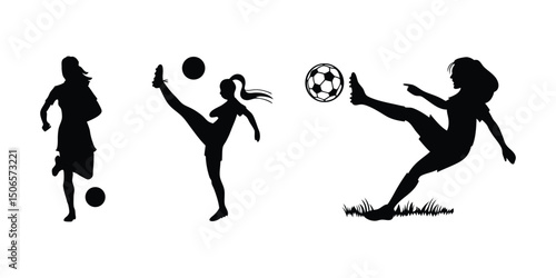 soccer player silhouette illustration, female football player silhouettes, woman soccer player black silhouette.