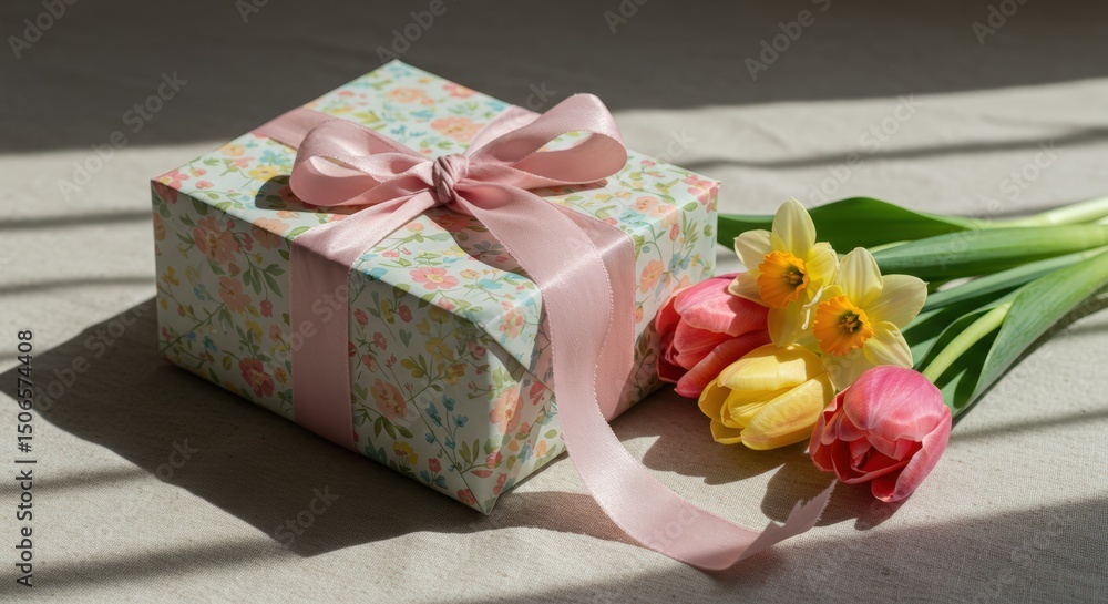 Gift and Flowers Present with Ribbon Gift and Flowers Present with Ribbon
