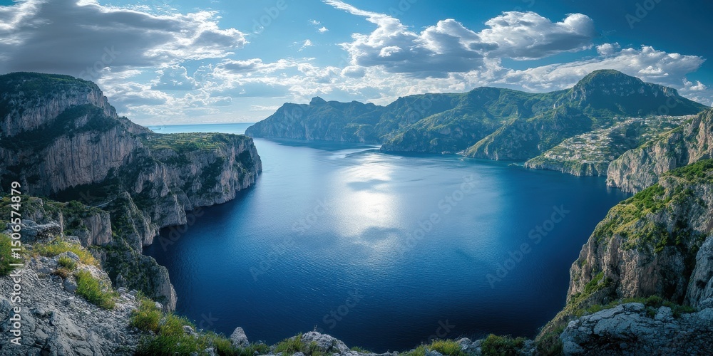Obraz premium Panoramic view of a secluded, deep blue cove nestled between dramatic, verdant cliffs under a partly cloudy sky