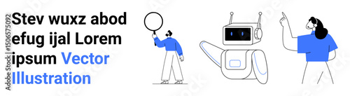 Robot interacting with a person holding a speech bubble while another gestures forward. Ideal for innovation, teamwork, communication, AI, technology, collaboration, and a simple landing page