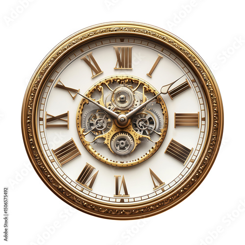 A timeless golden clock with intricate gears a symbol of precision and on transparent background