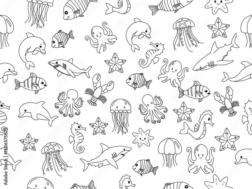 Naklejka premium seamless pattern with sea animals. Cute hand drawn sea animals doodle set. Ocean and sea animal set. Collection of aquatic creature. Set with hand drawn sea life elements.