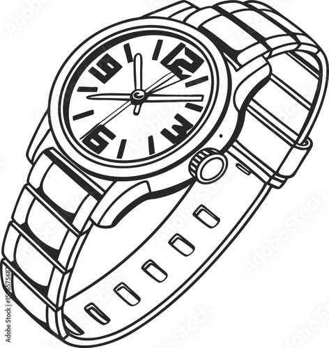 Classic wristwatch line art illustration showcasing timekeeping with band and clockface