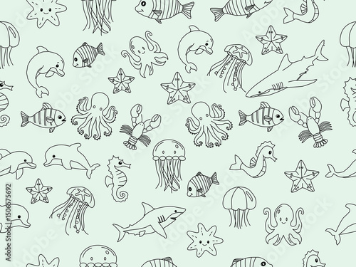 seamless pattern with sea animals. Cute hand drawn sea animals doodle set. Ocean and sea animal set. Collection of aquatic creature. Set with hand drawn sea life elements.	
