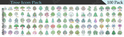 Collection of Tree Icon Designs in Flat Style, Pack of Hundred