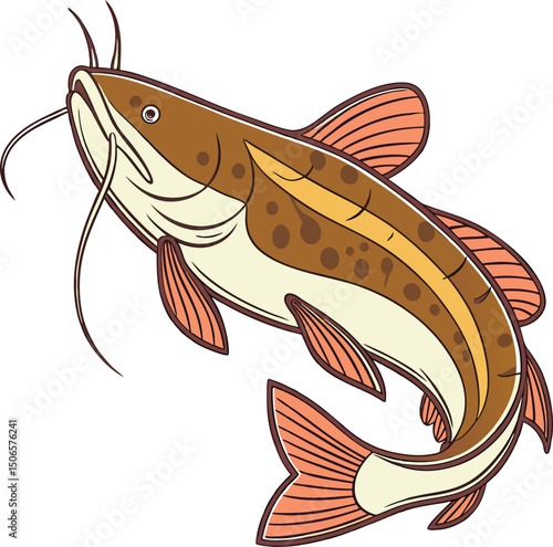 Illustration of a brown and beige catfish swimming in a river
