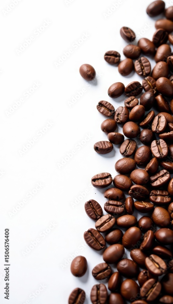 Naklejka premium Scattered coffee beans, white background, ample space, beverage, item, espresso