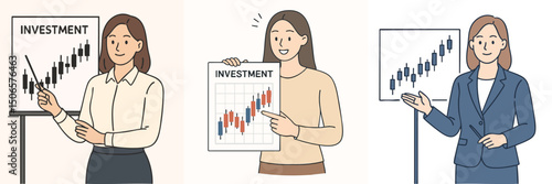 vector illustration collection of a woman presenting investment report on screen and on clipboard, wearing formal shirt