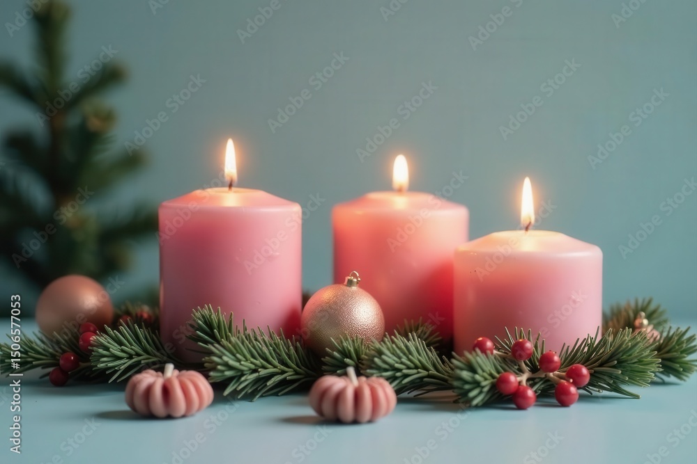 Three burning candles, pastel colors, Scandinavian Christmas design Retro winter holiday aesthetic , simple, festive Three burning candles, pastel colors, Scandinavian Christmas design Retro winter holiday aesthetic , simple, festive