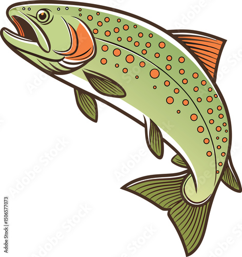 Stylized Illustration of a Brook Trout Leaping, with Vibrant Colors and Details