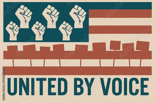 United by voice american flag design with protest fists and raised signs symbolizing unity and solidarity