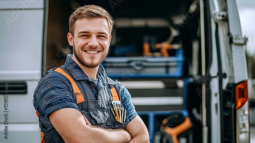 Confident technician prepared with tools and van.