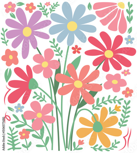 Floral Doodle Background Vector, Minimalist Abstract Nature Art Shapes, Abstract Boho Botanical Flower And Leaves Pattern, Plants Design For Background or wallpaper, Template, Clothing, Fashion.