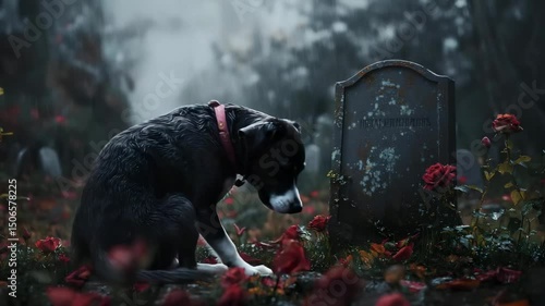 A wet dog with a red rose in its mouth sits by a grave in a rainy, flower-filled cemetery, evoking sorrow and loyalty.