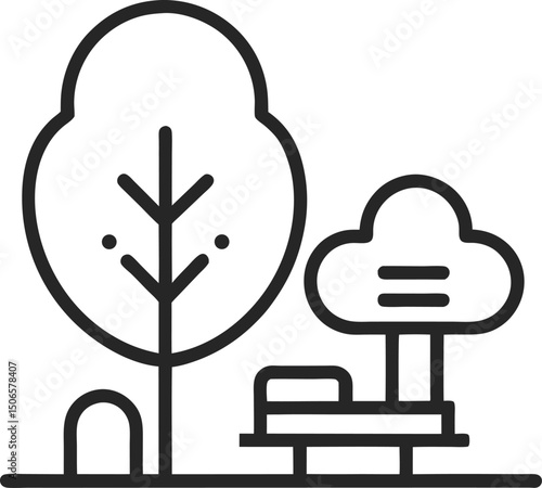 Minimalist outline icon of a park with a bench and a tree, editable stroke, clean lines, flat design, transparent background.