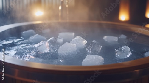 Elegant spa ice bath scene with wooden tub and floating ice cubes, captured in cinematic style with soft ambient light and steam, evoking luxury, wellness, and deep relaxation
