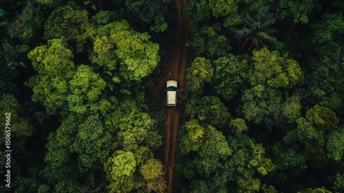 Tiny overlanding vehicle seen from drone high above, engulfed by endless dense jungle and towering trees, rooftop tent barely visible—dramatic depiction of solitude, scale, and deep wilderness immersi