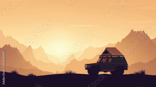 Flat vector scene of a small overlanding 4x4 with rooftop tent in wide wilderness, framed by mountain silhouettes and expansive sky, rendered in earthy tones and minimal clean-line illustration
