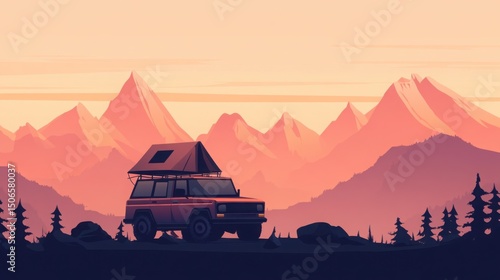 Minimalist vector illustration of a small 4x4 overlanding truck with a rooftop tent in vast wilderness, framed by stylized mountain silhouettes and open sky, in earthy geometric tones and modern desig